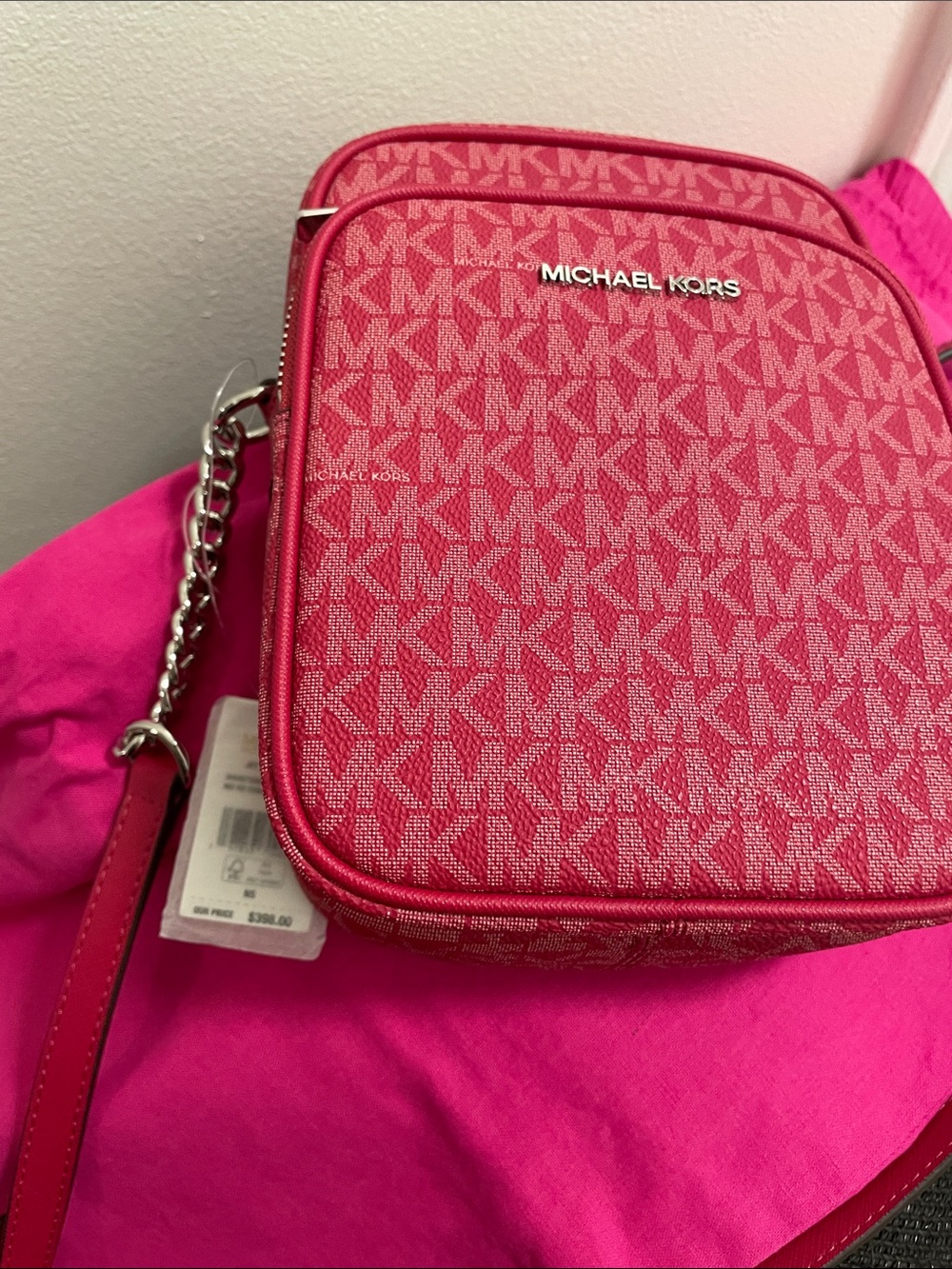 Michael Kors Hot Pink Monogram Crossbody with Chain Strap - Picture 4 of 4